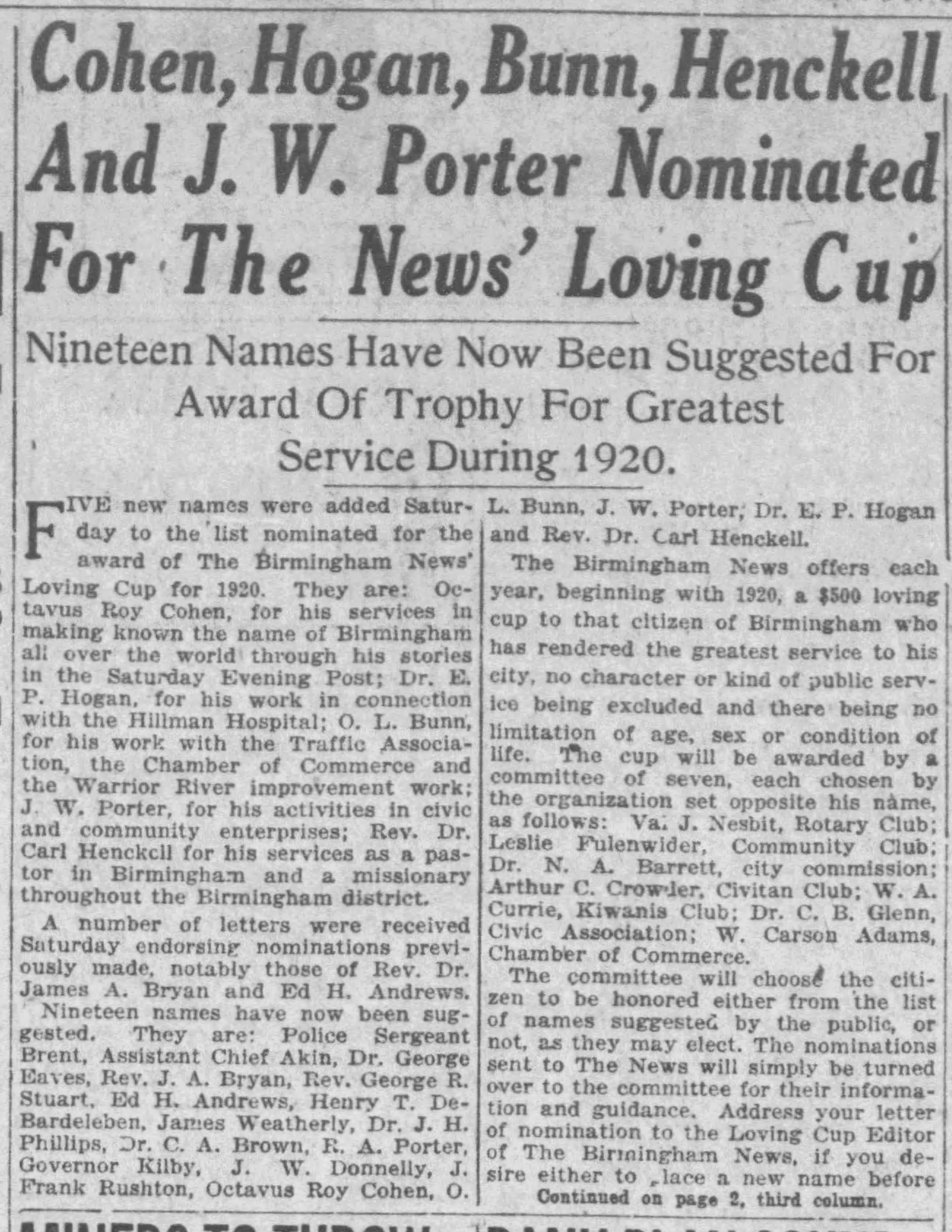 Cohen, Hogan, Bunn, Henckell and J.W. Porter Nominated for the News' Loving Cup